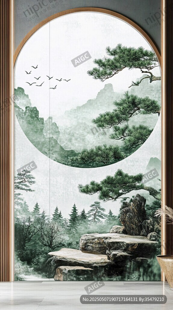 中式圓景山水玄關(guān)裝飾畫(huà)