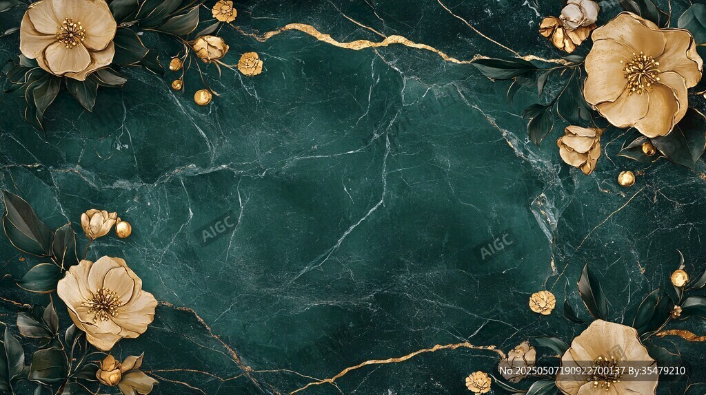 墨綠大理石配金色花卉背景