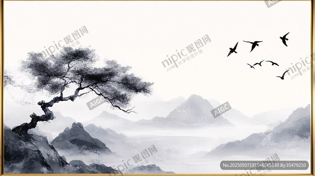 水墨山水間的孤松飛鳥
