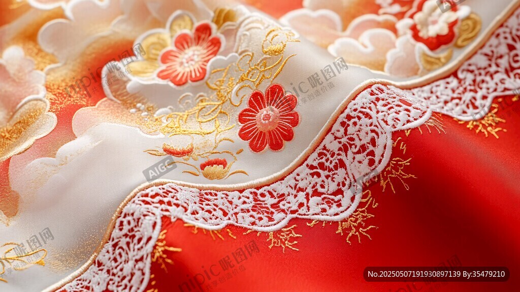 中式刺繡紅白色精美織物