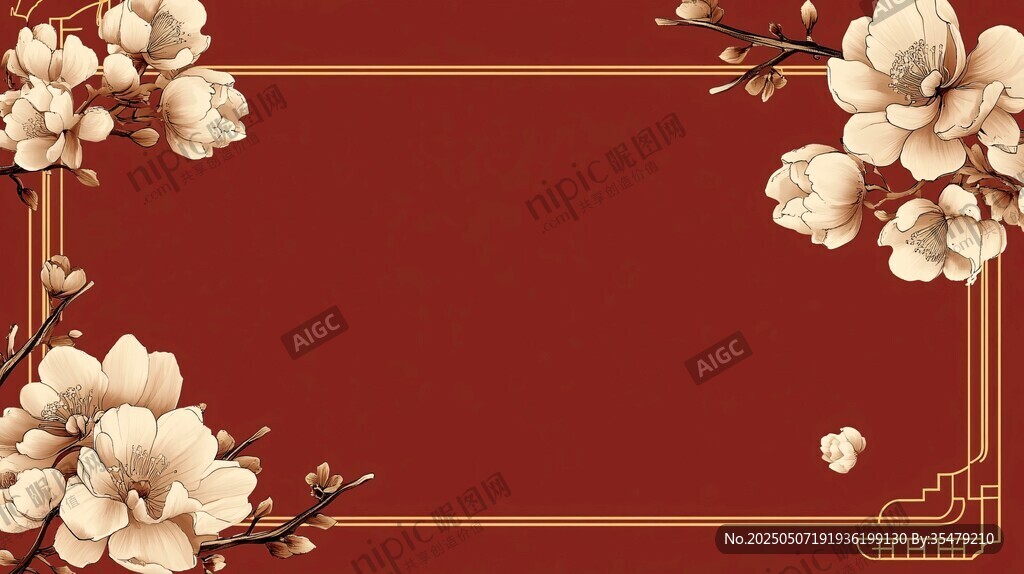 紅底玉蘭花中式邊框背景