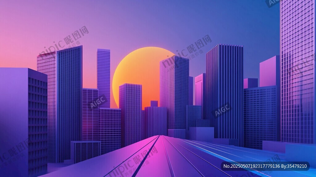 未來都市夕陽下的科幻景象