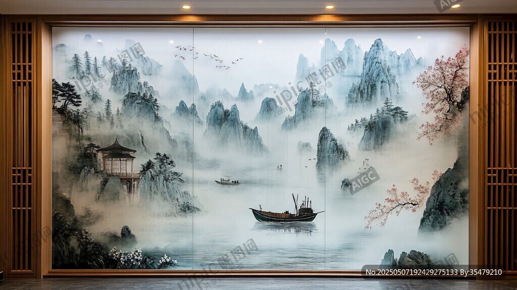 中式山水壁畫 意境悠遠