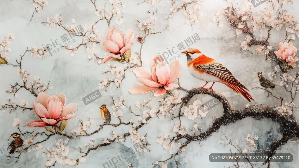 玉蘭花枝上的靈動鳥兒