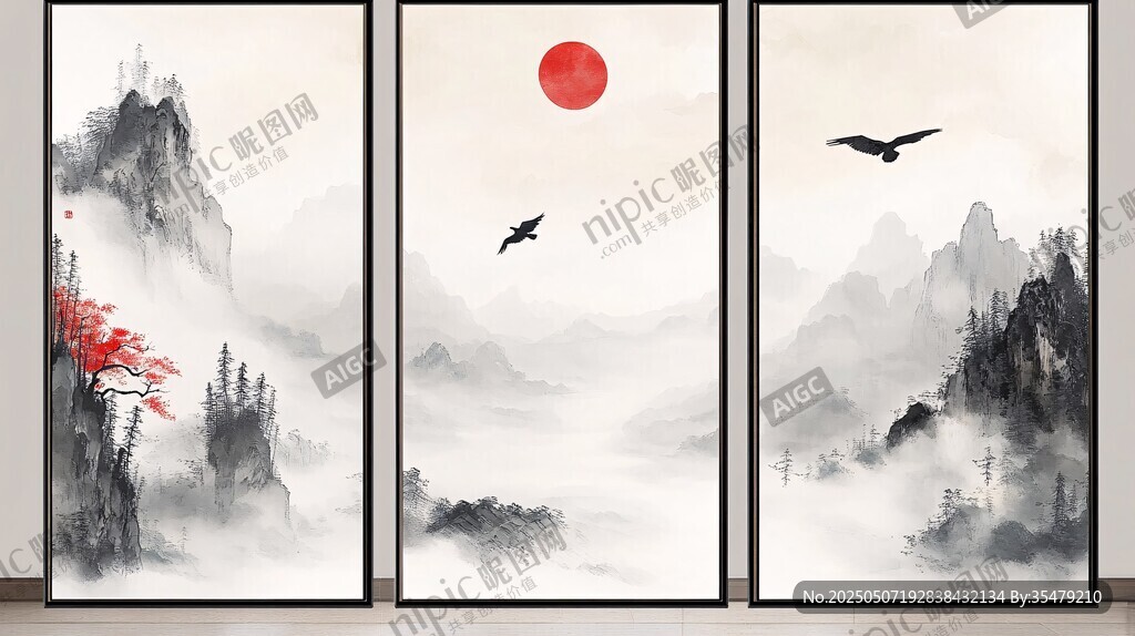中式山水三聯(lián)畫意境悠遠