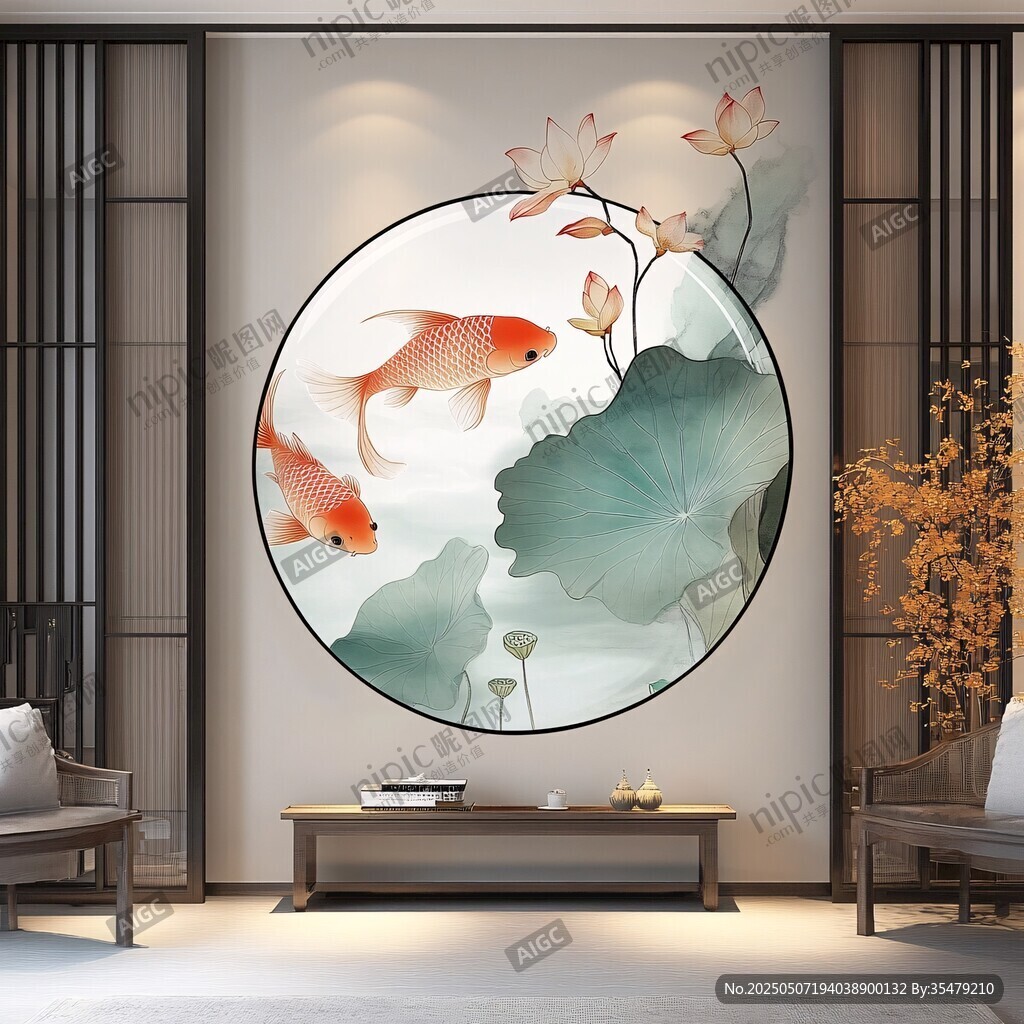 中式客廳圓形荷花錦鯉壁畫(huà)