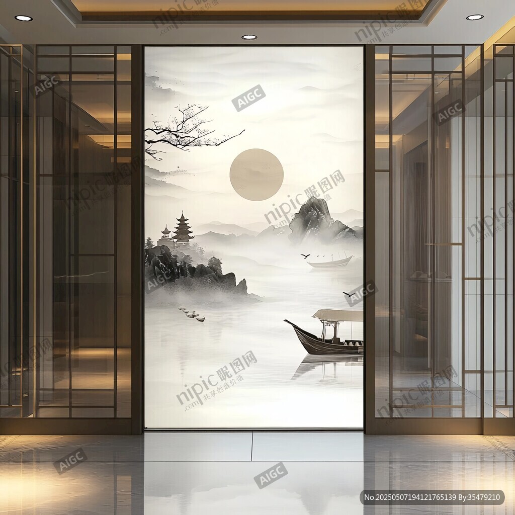中式山水玄關(guān)壁畫意境美