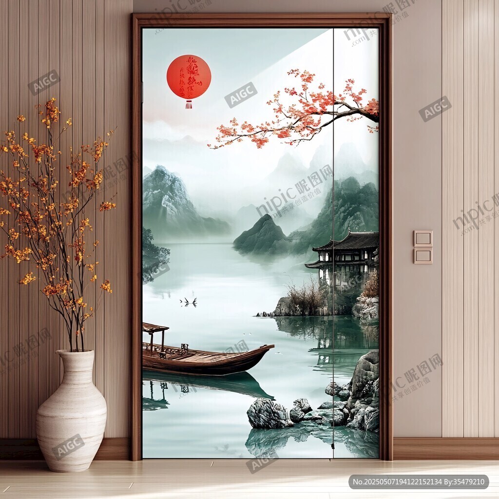 中式山水門貼裝飾畫意境美