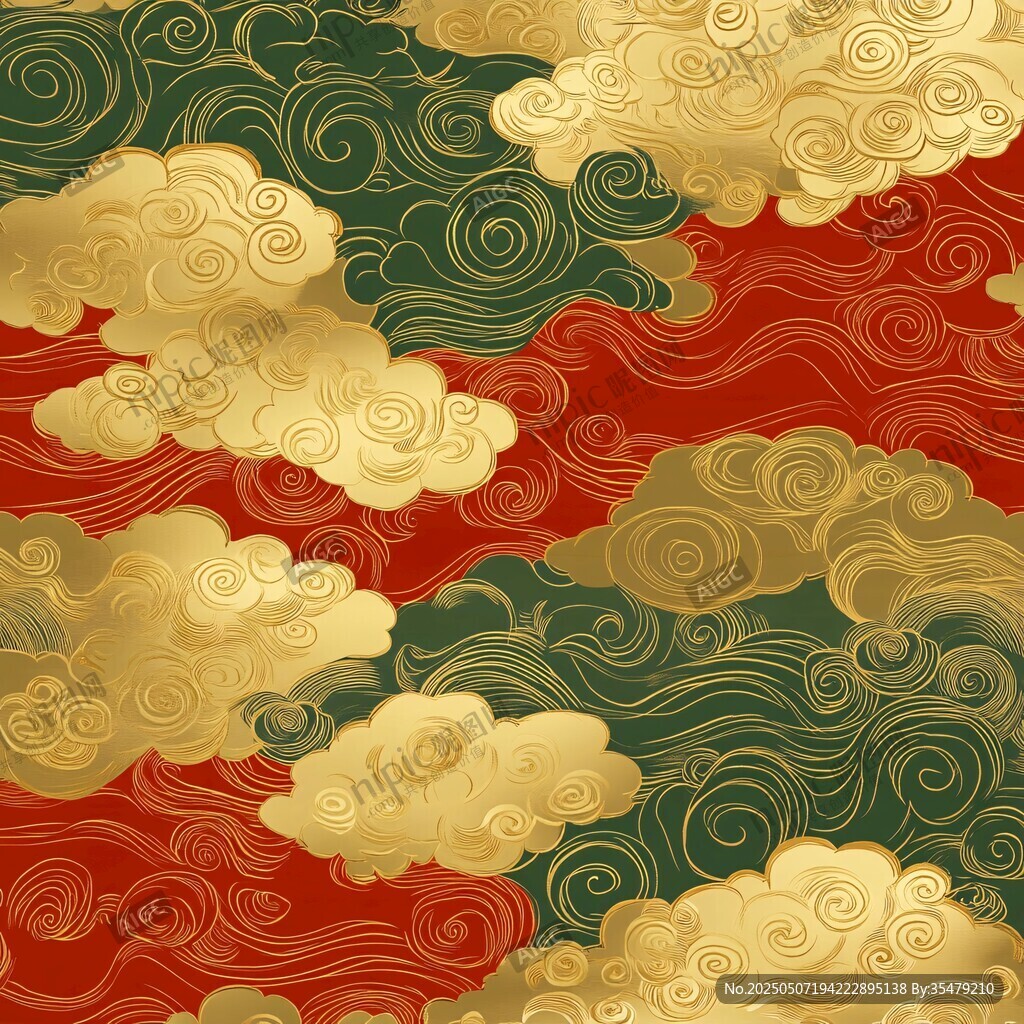 中式金云紅綠底紋圖案