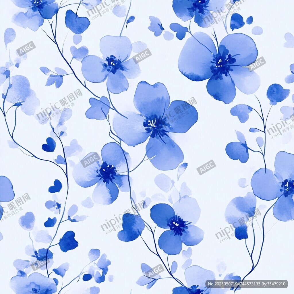藍色花卉水彩無縫圖案