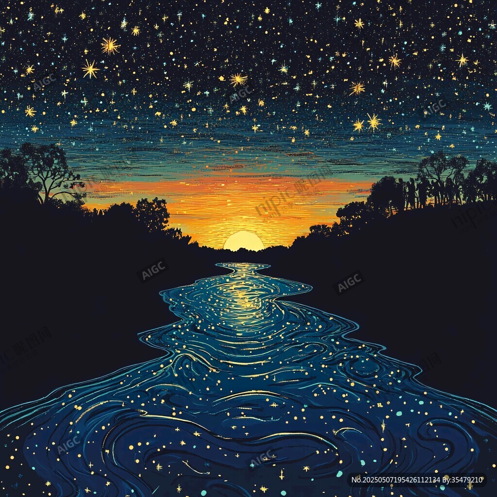 星夜下的河畔落日美景