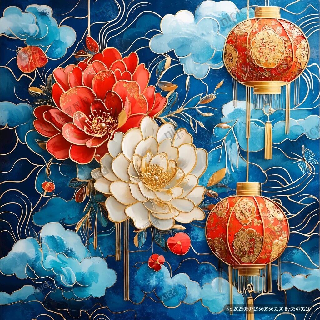 國潮風牡丹祥云燈籠圖