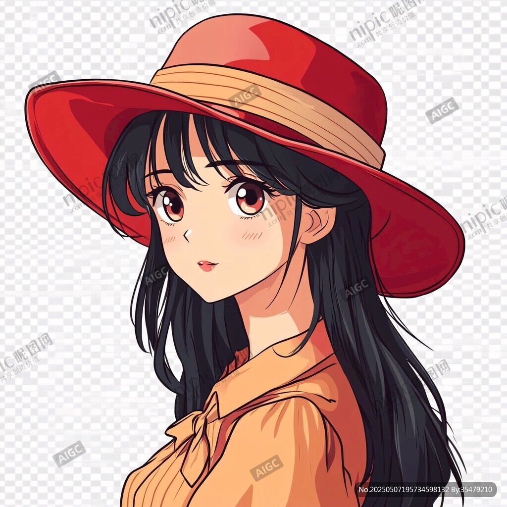 戴紅帽的長(zhǎng)發(fā)動(dòng)漫美少女