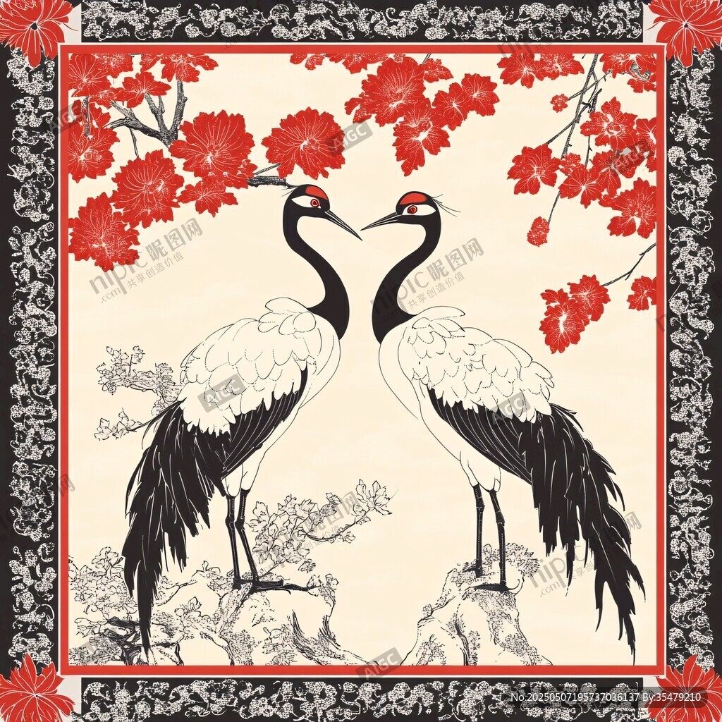 雙鶴映花圖