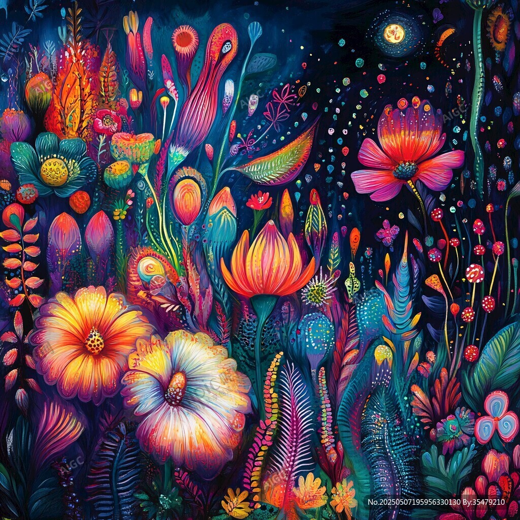 夢幻夜下的絢爛花卉世界