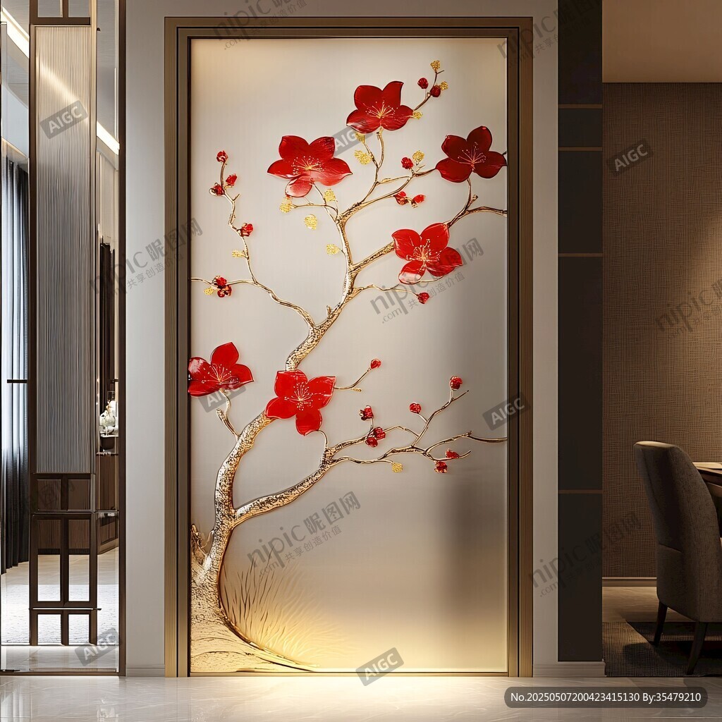 中式紅梅玄關(guān)藝術(shù)背景墻