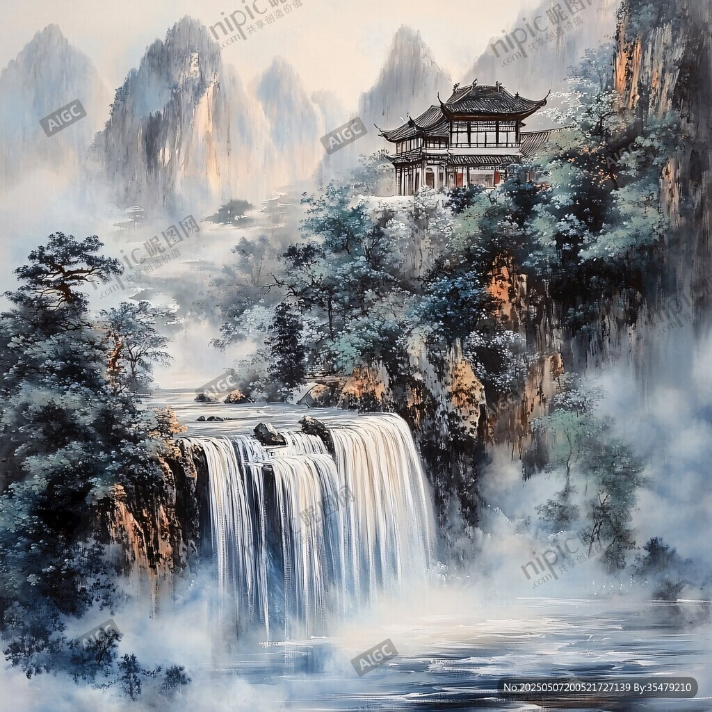 山水間的中式樓閣瀑布圖