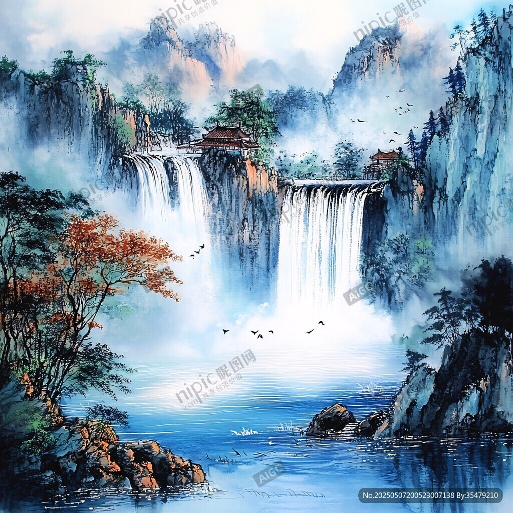 水墨山水間的瀑布勝景