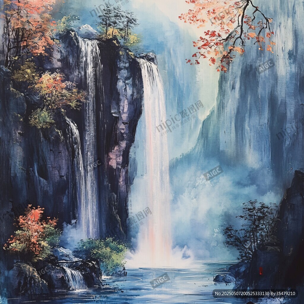 秋韻瀑布山水絕美畫卷