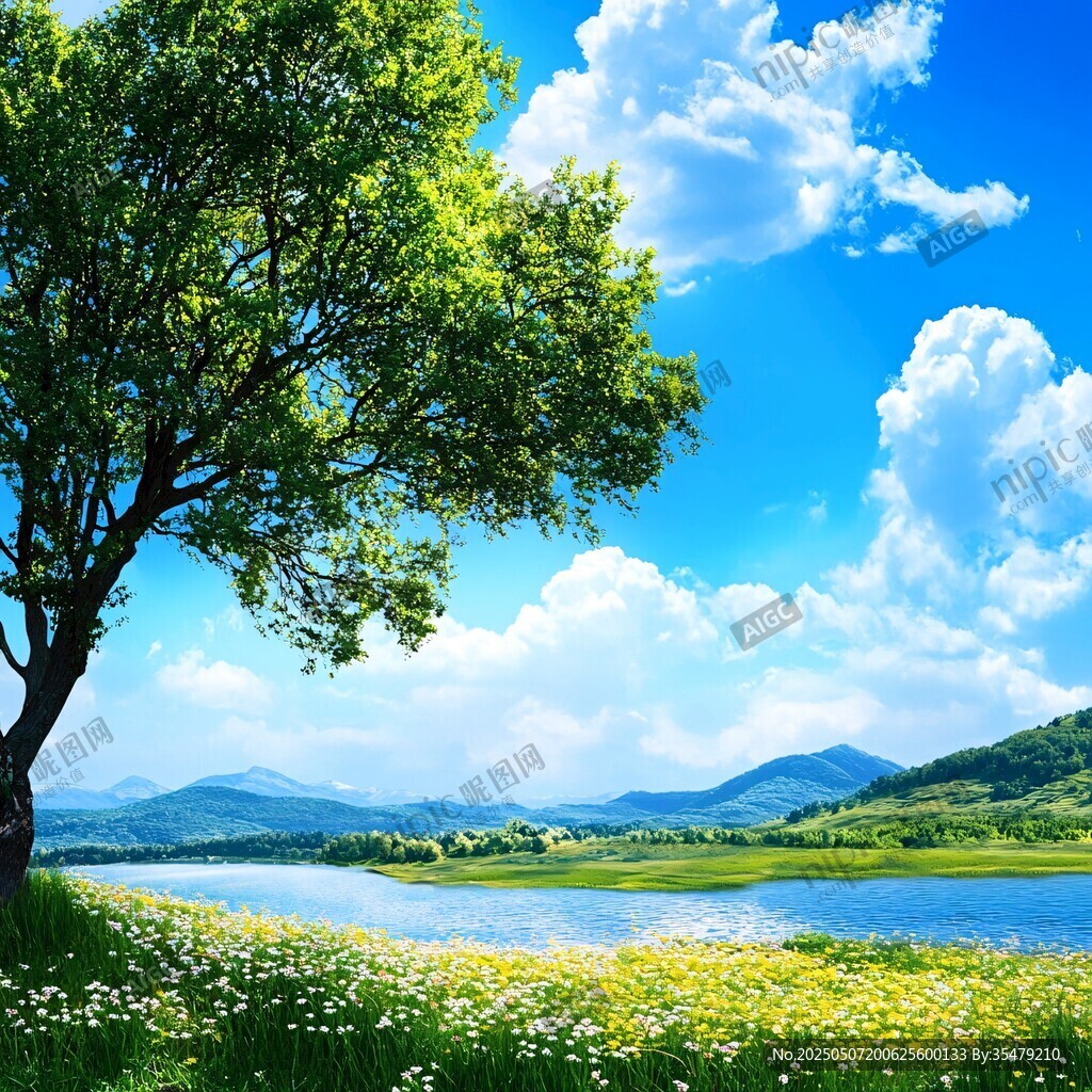 湖畔綠樹繁花的明媚風(fēng)光
