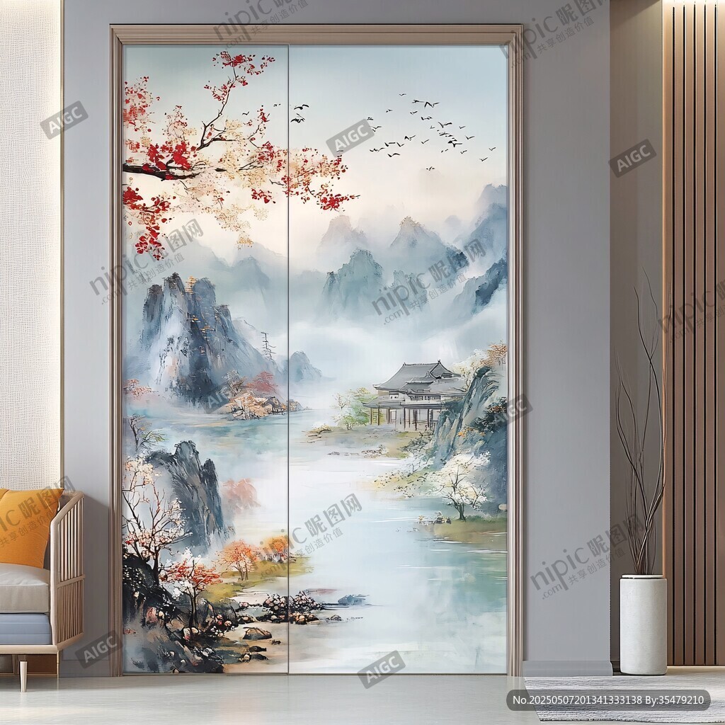 中式山水意境衣柜門畫