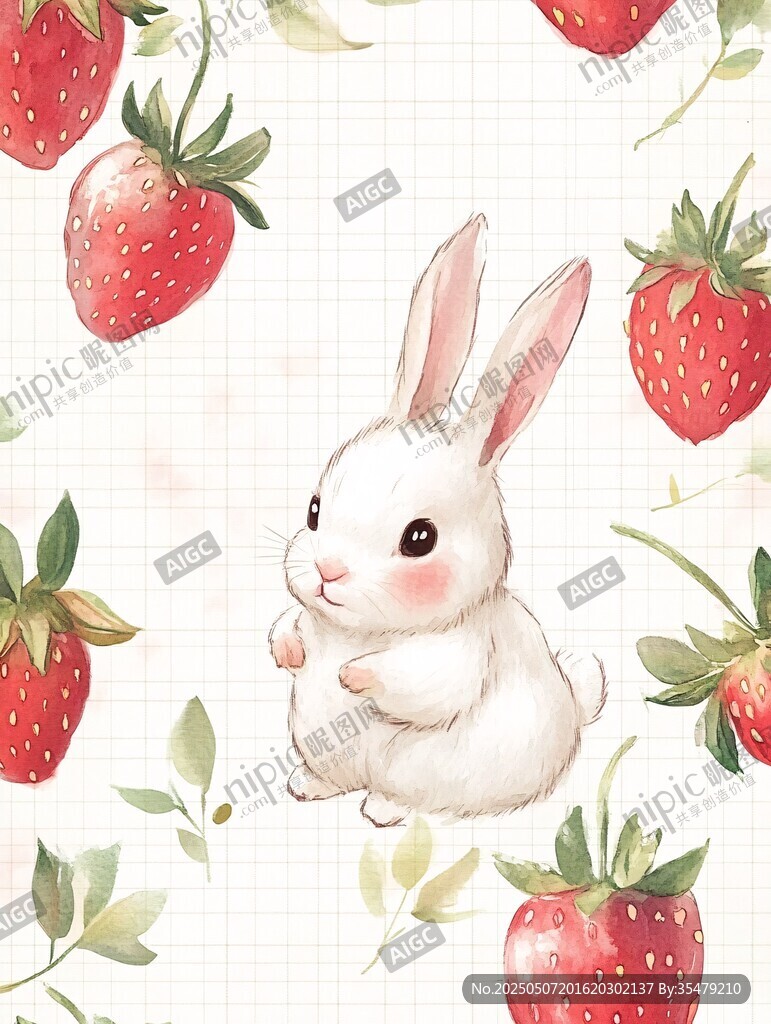 白兔與草莓的清新插畫