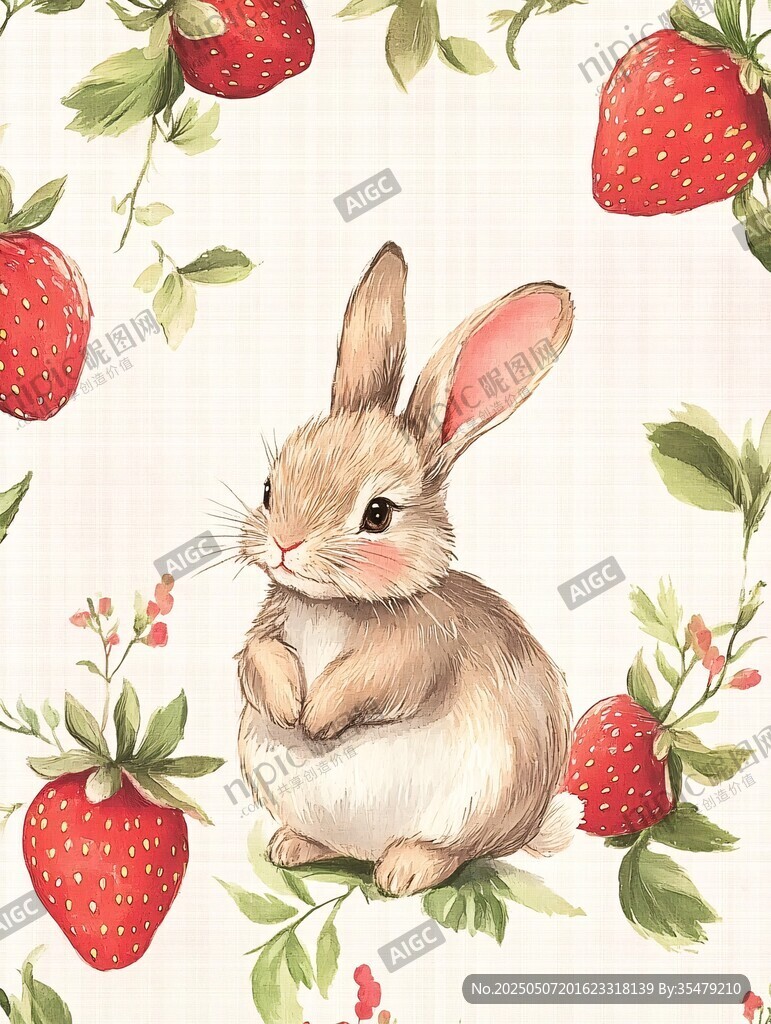 兔子與草莓的清新插畫
