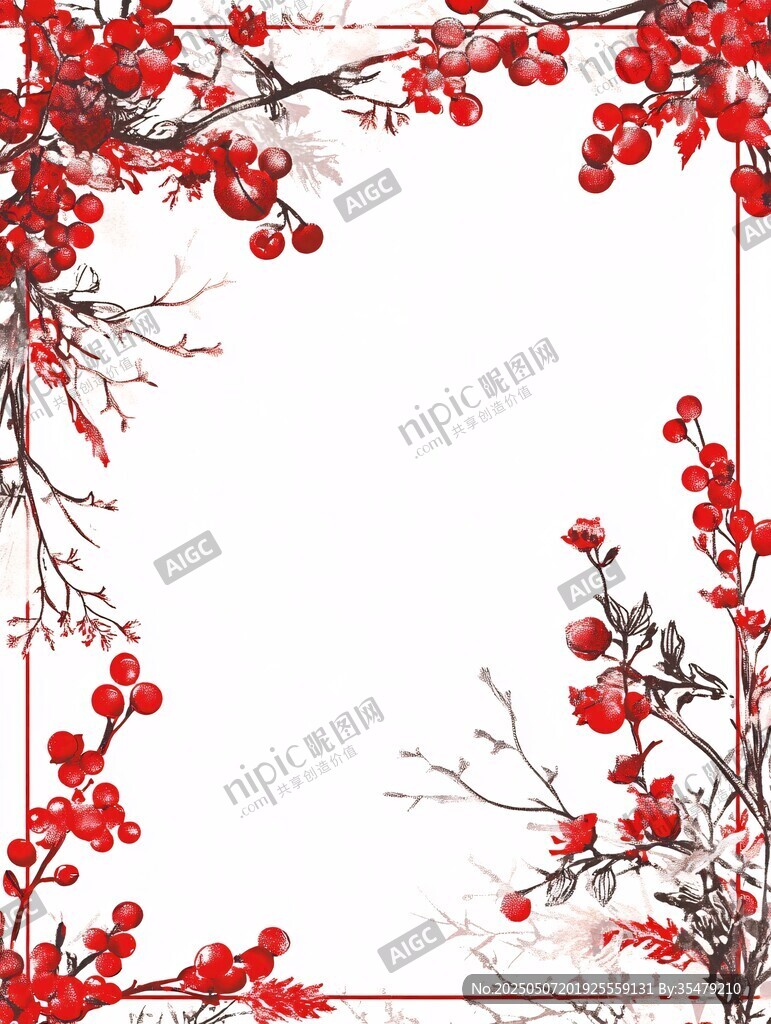 紅果花枝中式邊框背景圖