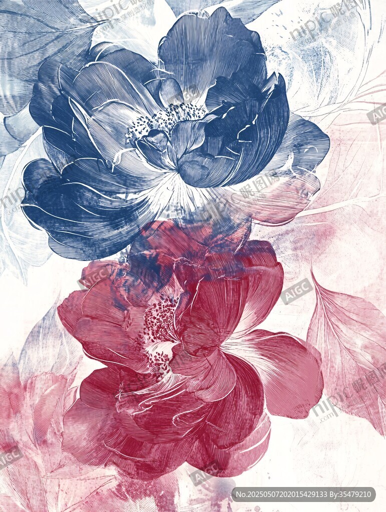 藍紅花卉水彩藝術圖案
