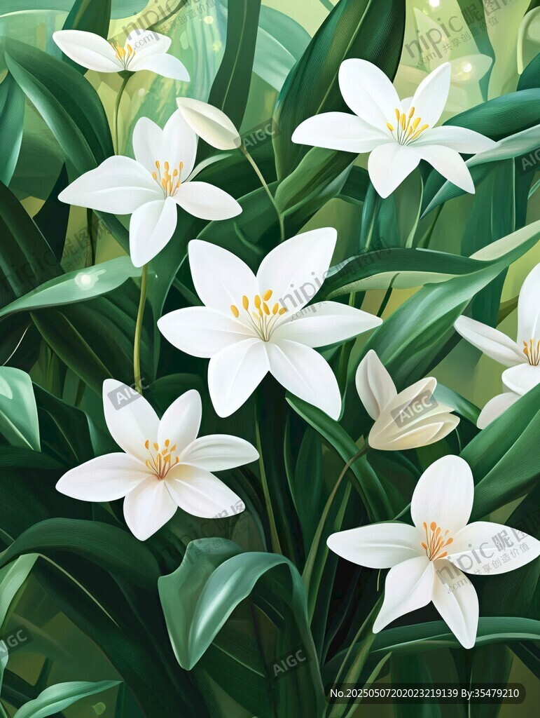 清新白花綻放綠葉間