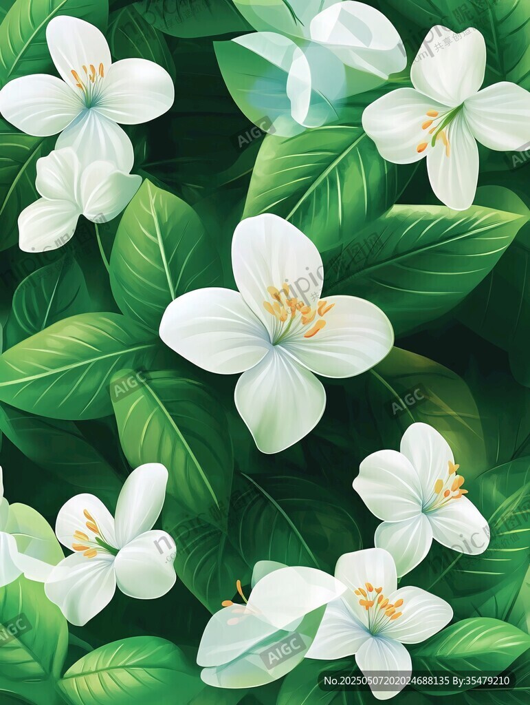 清新茉莉花綠葉花卉圖