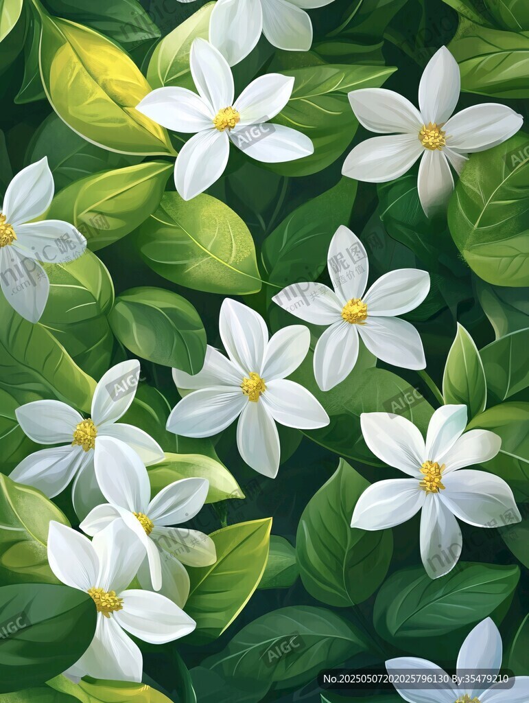 清新白花朵與綠葉圖案