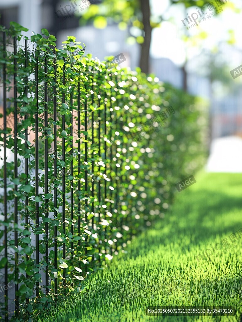 綠葉攀附的鐵藝圍欄景觀