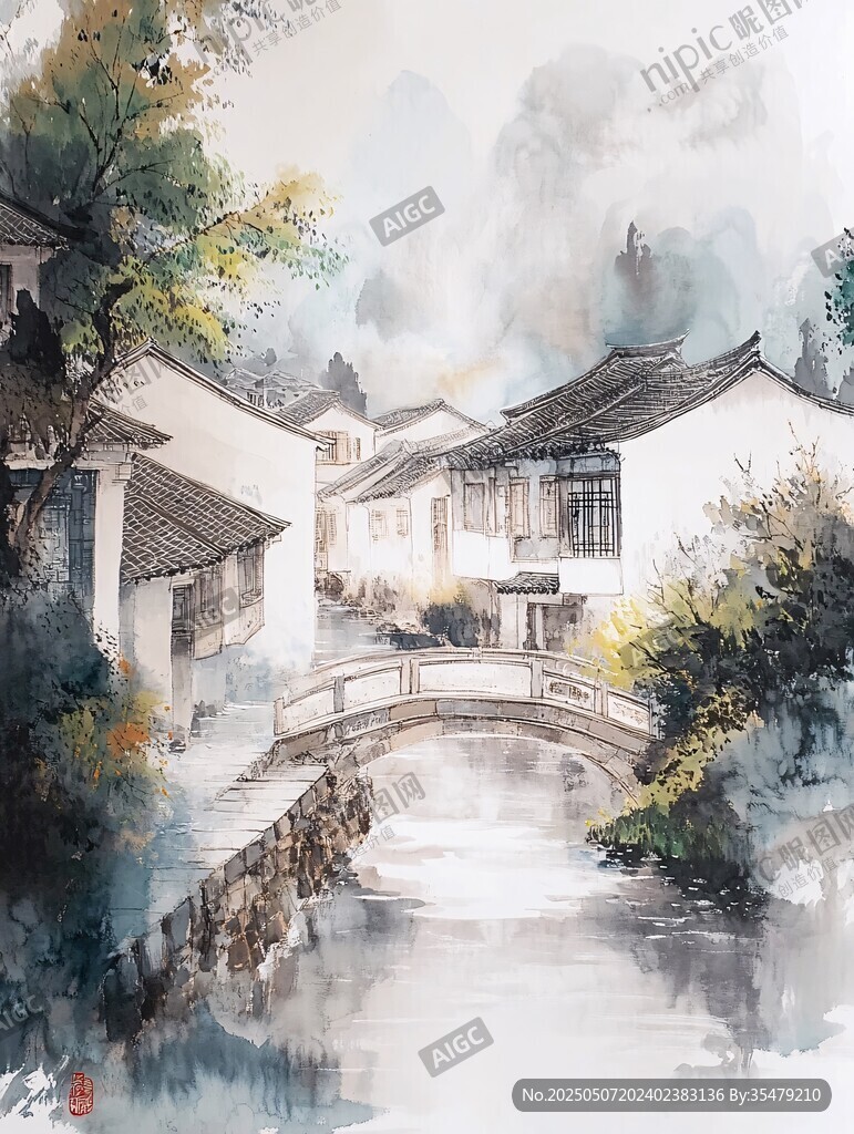 江南水鄉水墨風景圖