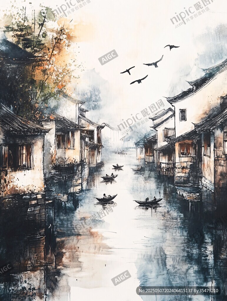 水墨江南水鄉(xiāng)小船飛鳥(niǎo)圖