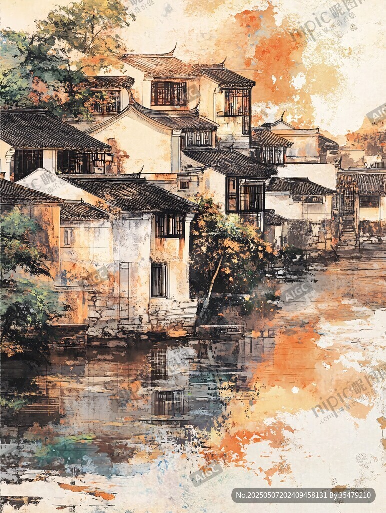 水鄉(xiāng)古居水彩畫風(fēng)景
