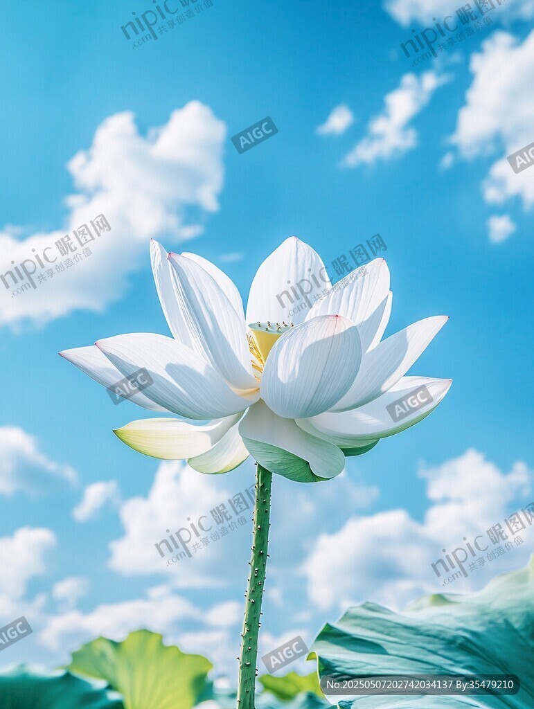藍(lán)天下的潔白荷花綻放