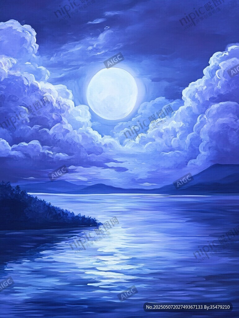 月夜湖景夢(mèng)幻天空畫卷