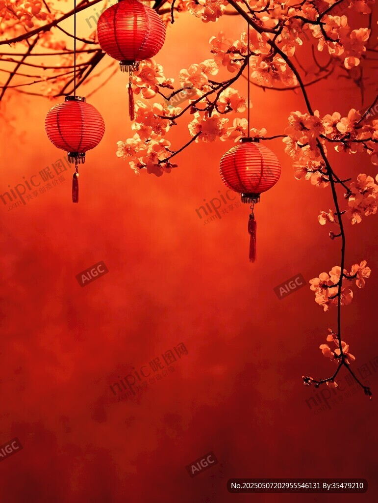 紅燈籠映繁花喜慶景象