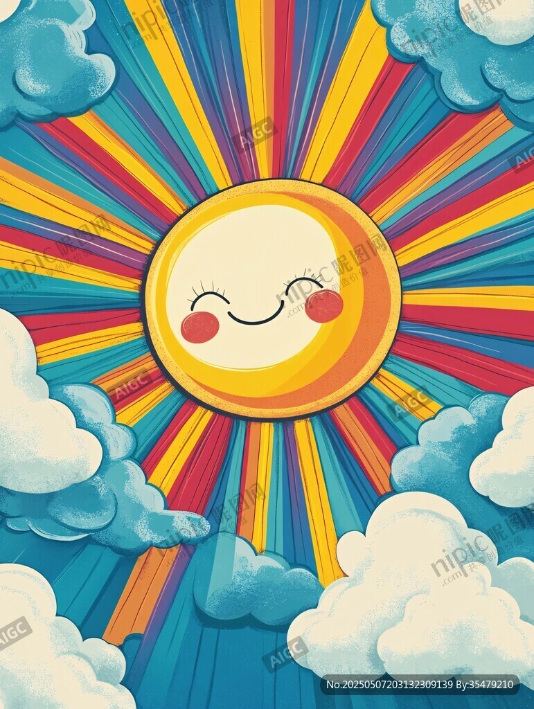 微笑太陽與多彩云朵畫面