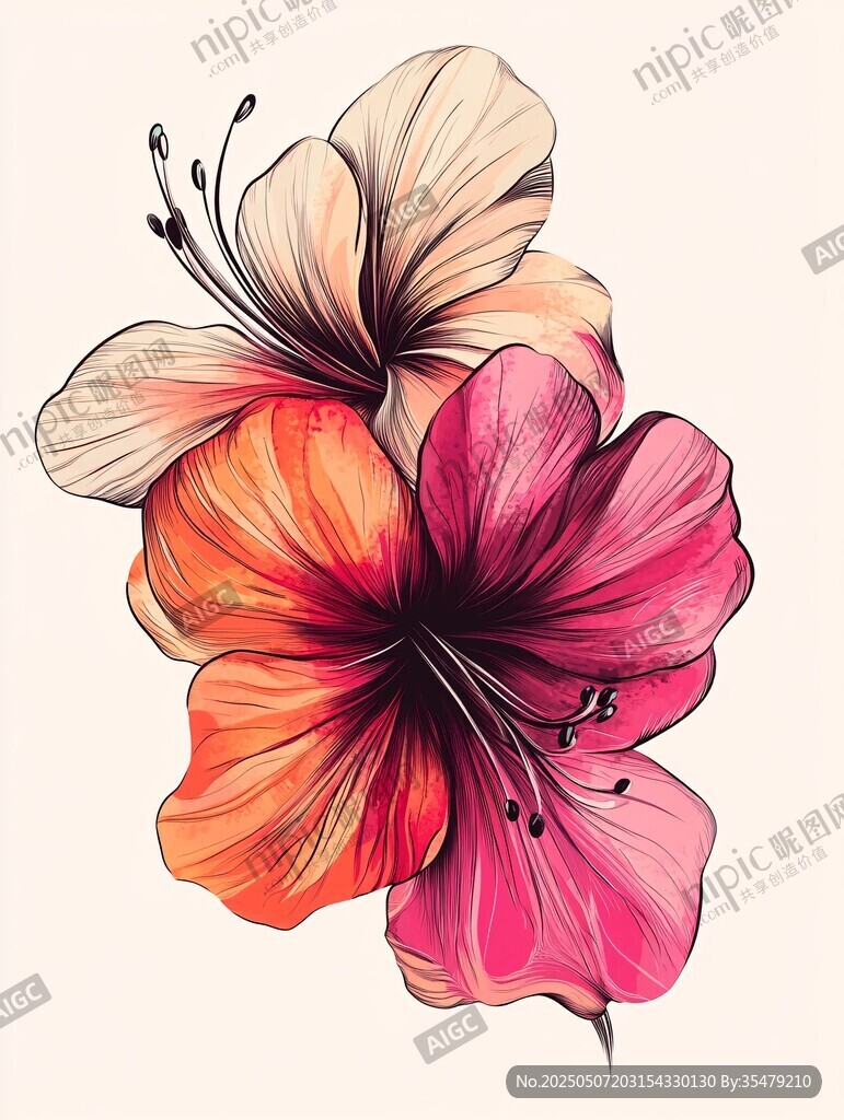 絢麗手繪雙朵芙蓉花
