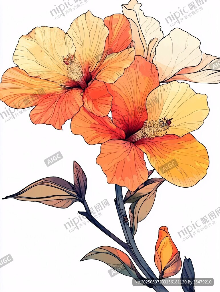 橙黃木槿花插畫