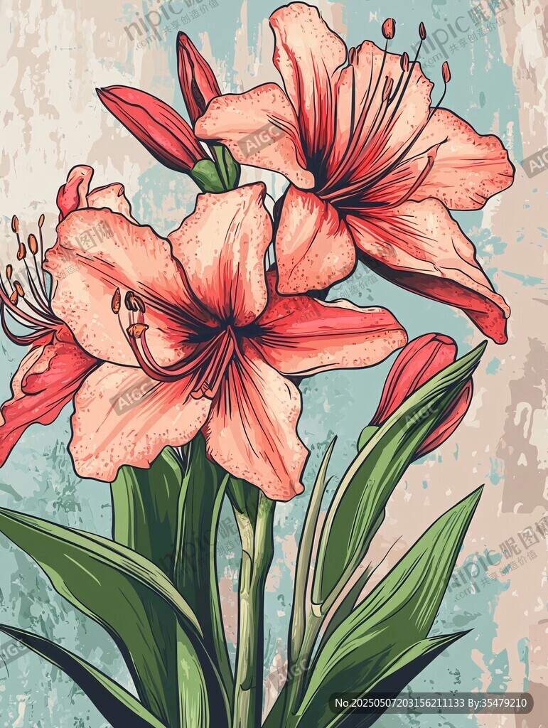 復古風粉色朱頂蘭花卉圖