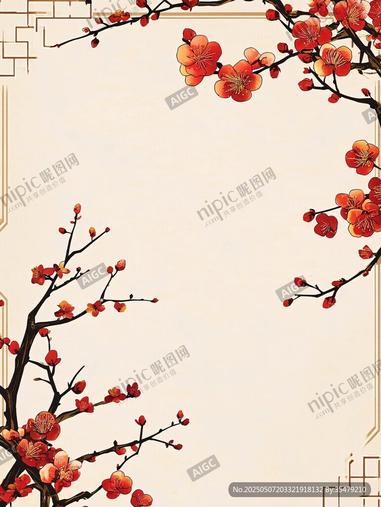 中式紅梅邊框背景圖