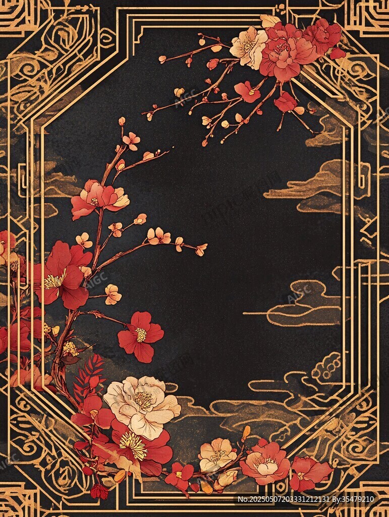中式黑金花卉邊框圖案