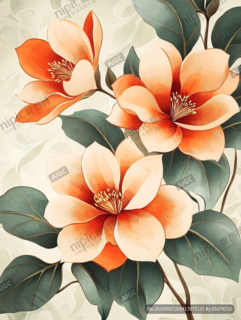 橙粉花卉插畫 清新自然風(fēng)