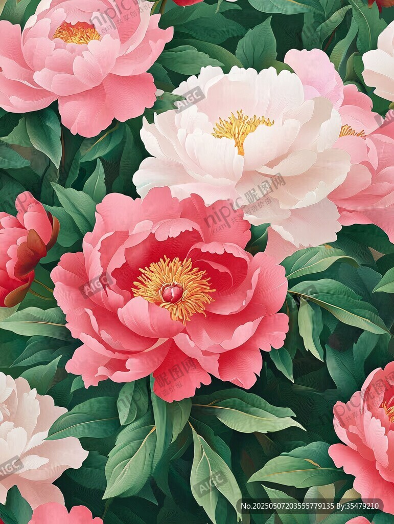 盛開(kāi)的多彩牡丹花圖案
