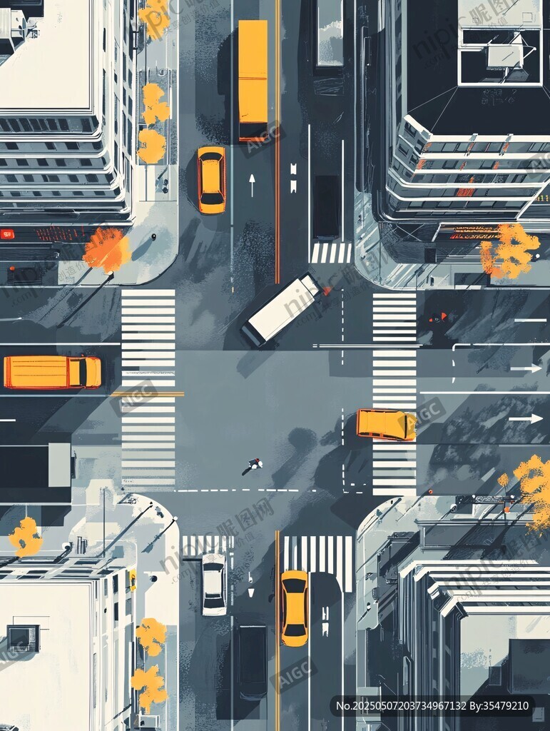 城市路口交通俯瞰插畫