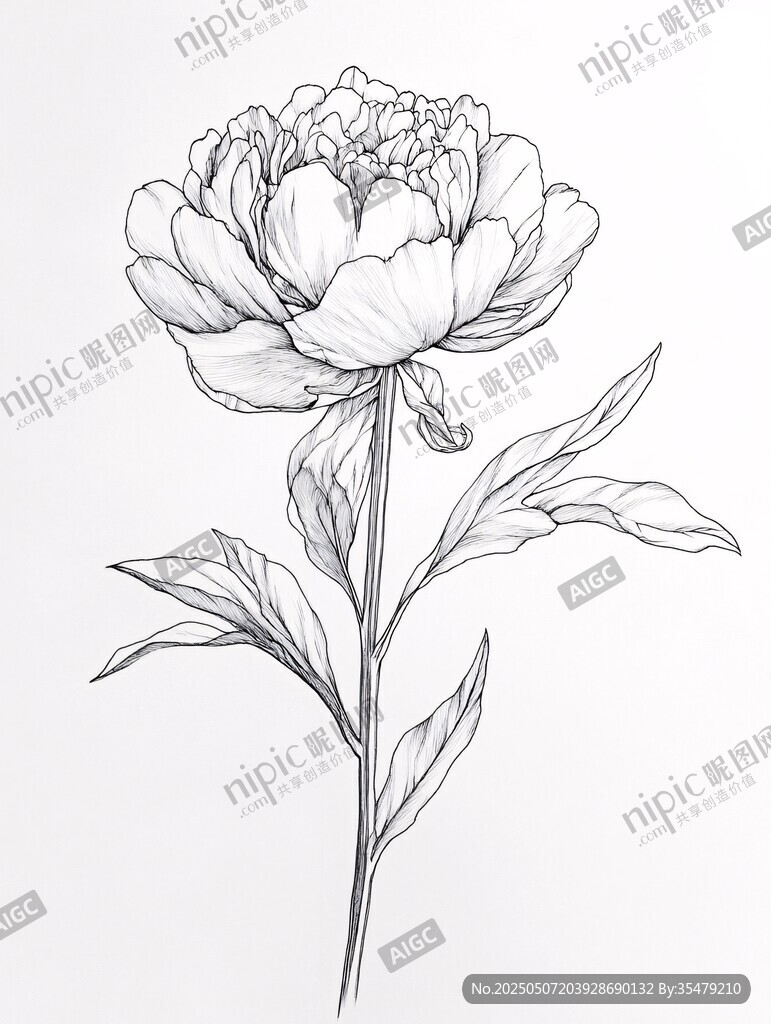 手繪牡丹花卉線條圖