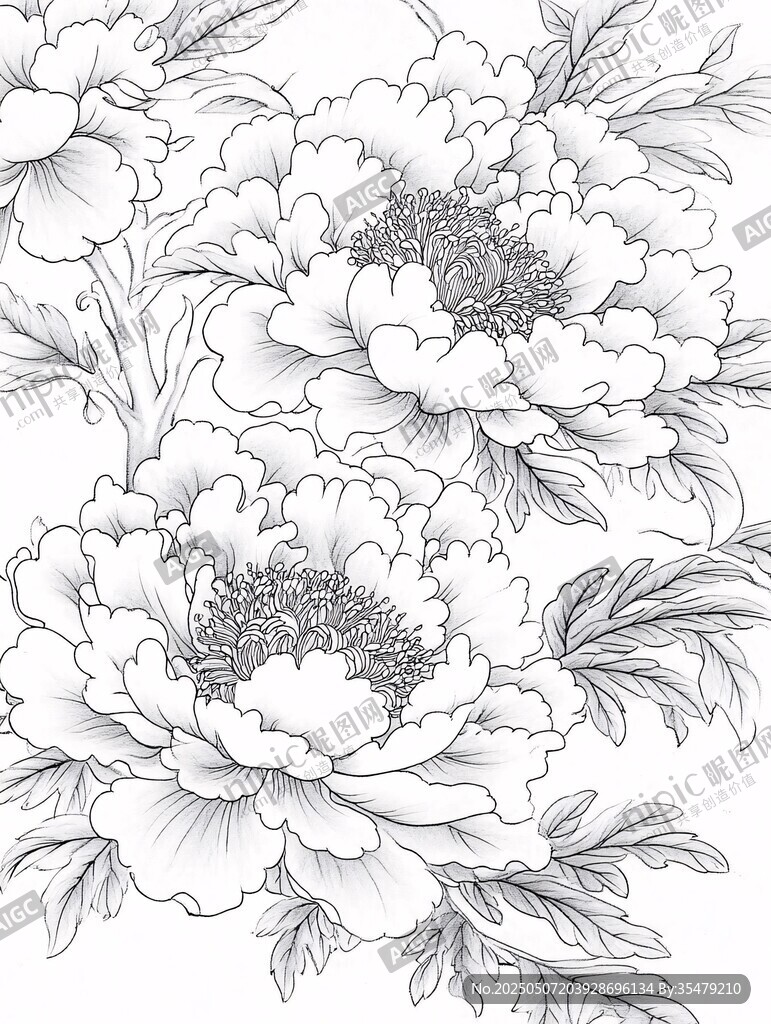 黑白牡丹花卉線稿圖
